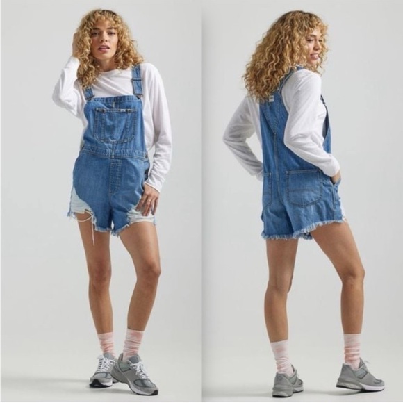 NWT LEE Workwear Modern Vintage Short Overalls Distressed Raw Hem Size Medium - Picture 1 of 15